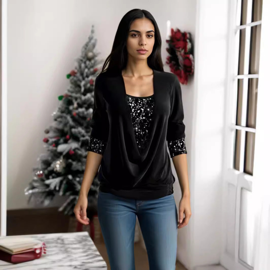 🥰❄️【S-5XL】Нов дамски блуза с дълги ръкави и пайети, голям размер