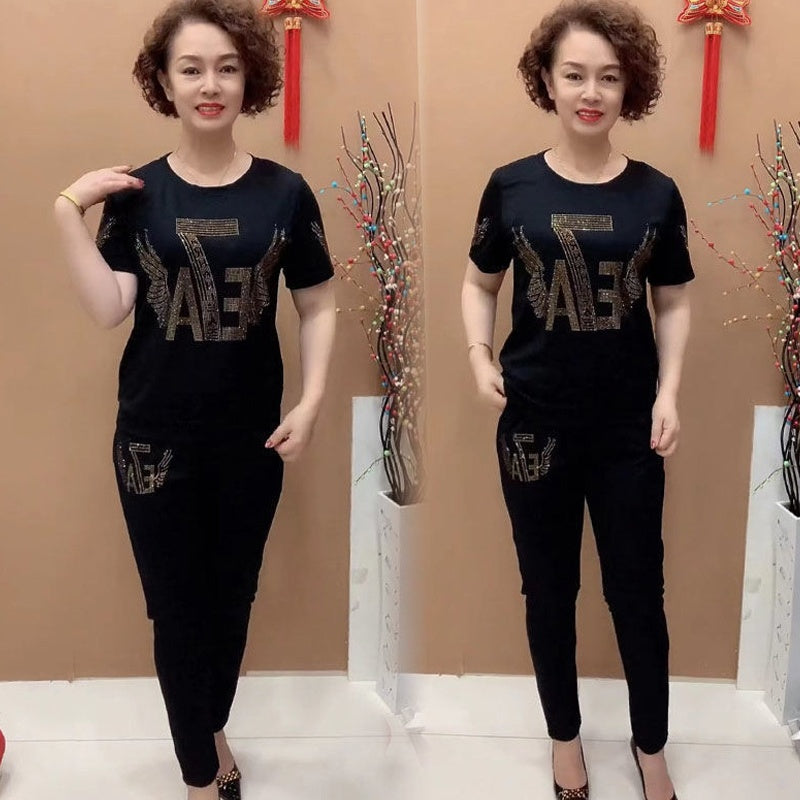 най-продавани【M-5X】]Дамски топове и панталони с кристали в големи размери