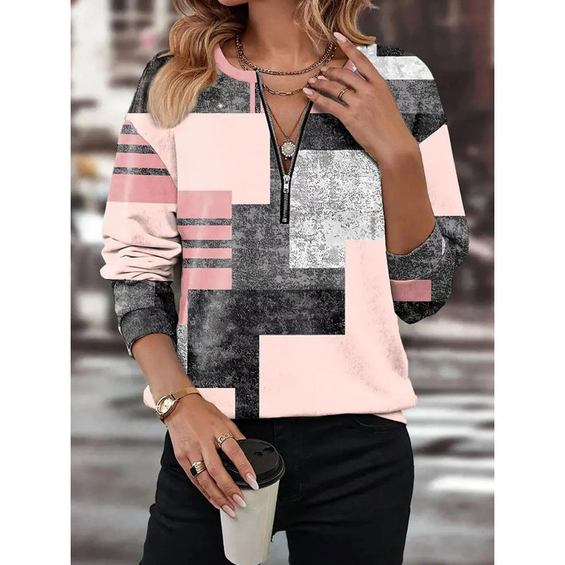 Дамски пуловер с цип и широка кройка - V-образно деколте, дълъг ръкав, цветно блокиран дизайн