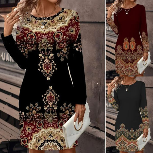 🔥🥰【S-3XL】Нова рокля с щампа и кръгло деколте