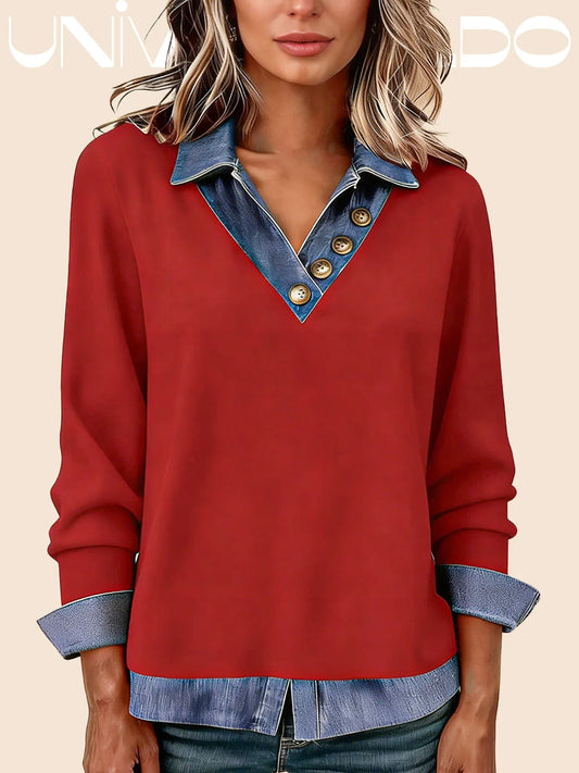 Плетена Поло Риза с Деним Яка и Комбинирани Материали