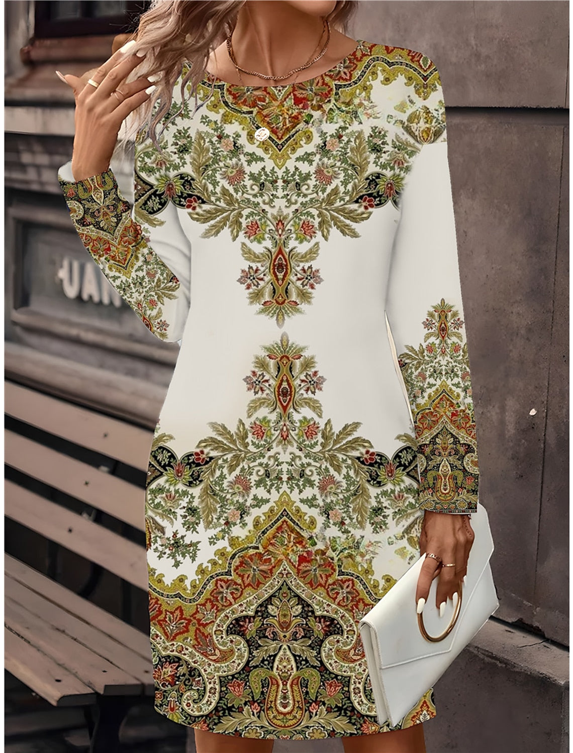 🔥🥰【S-3XL】Нова рокля с щампа и кръгло деколте