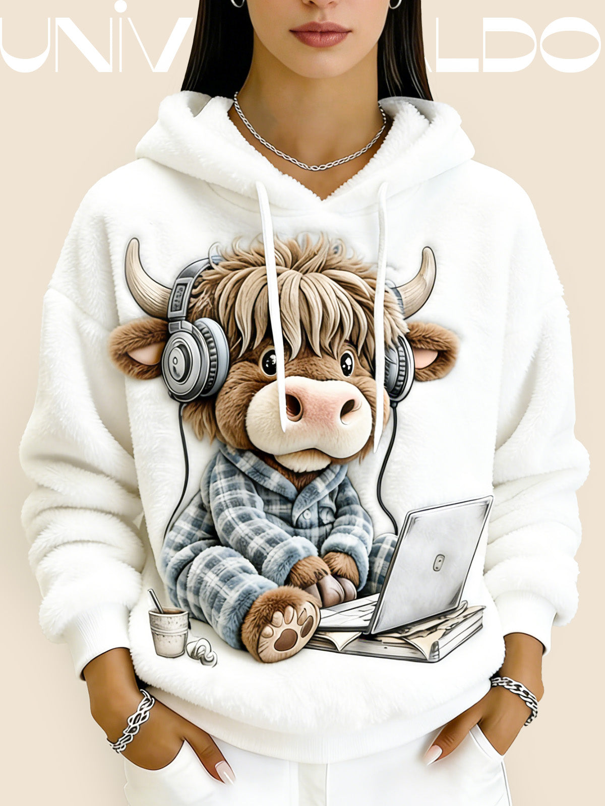 Суитшърт от Фланел с Качулка и Анимационен Принт на Кравка