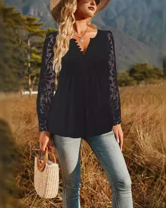 Нова модна дамска дантелена тениска с дълъг ръкав